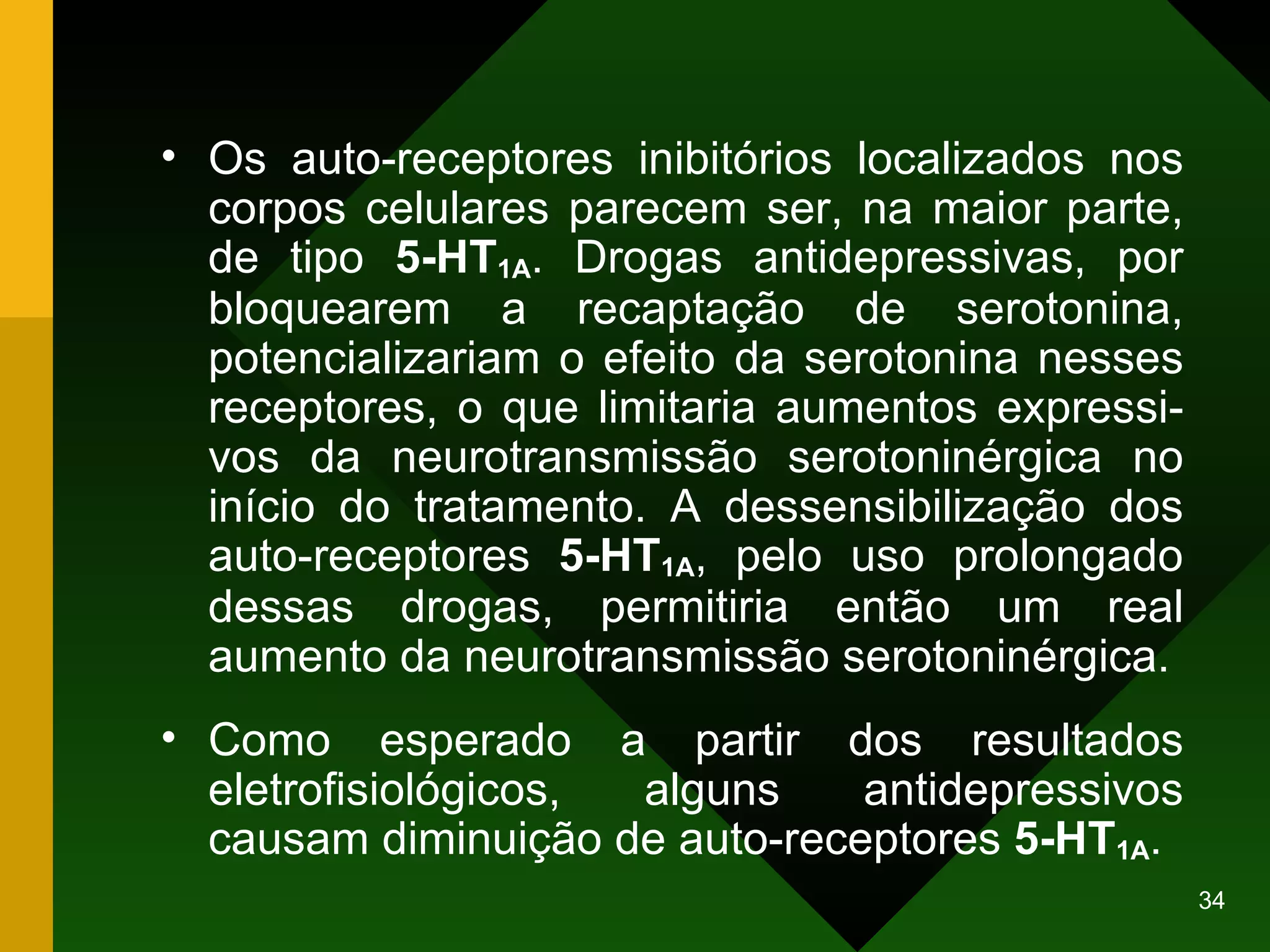 Os auto-receptores inibitórios localizados nos corpos celulares parecem ser, na maior parte, de tipo  5-HT 1A . Drogas antidepressivas, por bloquearem a recaptação de serotonina, potencializariam o efeito da serotonina nesses receptores, o que limitaria aumentos expressi-vos da neurotransmissão serotoninérgica no início do tratamento. A dessensibilização dos auto-receptores  5-HT 1A , pelo uso prolongado dessas drogas, permitiria então um real aumento da neurotransmissão serotoninérgica. Como esperado a partir dos resultados eletrofisiológicos, alguns antidepressivos causam diminuição de auto-receptores  5-HT 1A . 