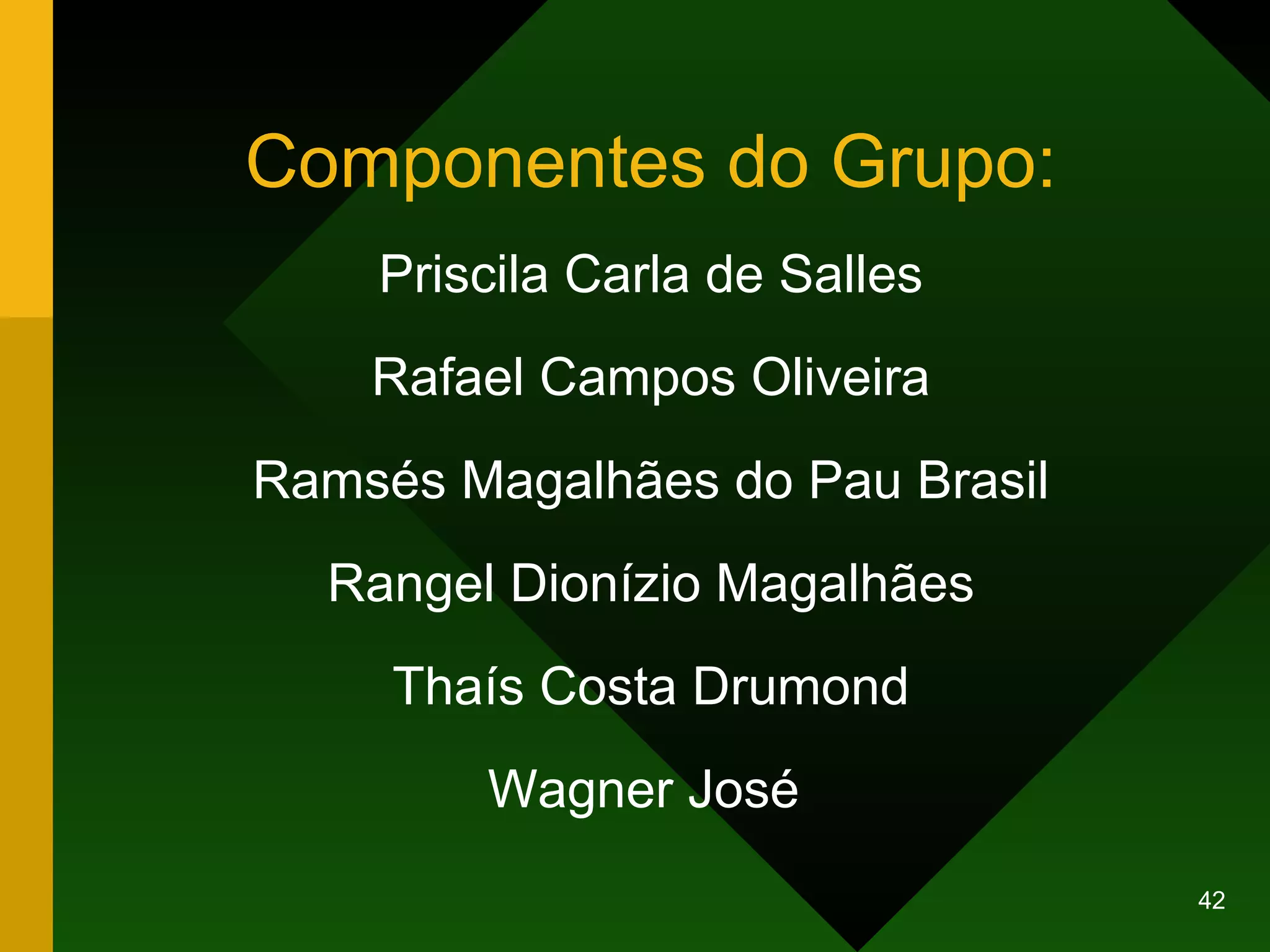 Componentes do Grupo: Priscila Carla de Salles Rafael Campos Oliveira Ramsés Magalhães do Pau Brasil Rangel Dionízio Magalhães Thaís Costa Drumond Wagner José  