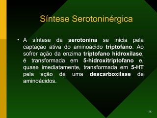 Síntese Serotoninérgica A síntese da  serotonina  se inicia pela captação ativa do aminoácido  triptofano . Ao sofrer ação da enzima  triptofano hidroxilase , é transformada em  5-hidroxitriptofano  e, quase imediatamente, transformada em  5-HT  pela ação de uma  descarboxilase  de aminoácidos. 