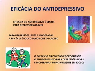 EFICÁCIA DO ANTIDEPRESSIVO

   EFICÁCIA DO ANTIDRESSIVO É MAIOR
   PARA DEPRESSÕES GRAVES


PARA DEPRESSÕES LEVES E MODERADAS
A EFICÁCIA É POUCO MAIOR QUE O PLACEBO




                   O EXERCÍCIO FÍSICO É TÃO EFICAZ QUANTO
                   O ANTIDEPRESSIVO PARA DEPRESSÕES LEVES
                   E MODERADAS, PRINCIPALMENTE EM IDOSOS
 