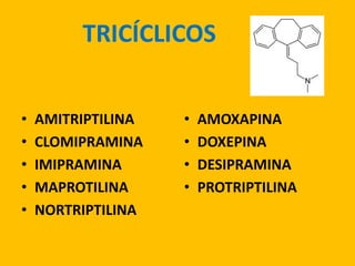TRICÍCLICOS


•   AMITRIPTILINA   •   AMOXAPINA
•   CLOMIPRAMINA    •   DOXEPINA
•   IMIPRAMINA      •   DESIPRAMINA
•   MAPROTILINA     •   PROTRIPTILINA
•   NORTRIPTILINA
 