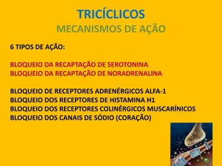 TRICÍCLICOS
             MECANISMOS DE AÇÃO
6 TIPOS DE AÇÃO:

BLOQUEIO DA RECAPTAÇÃO DE SEROTONINA
BLOQUEIO DA RECAPTAÇÃO DE NORADRENALINA

BLOQUEIO DE RECEPTORES ADRENÉRGICOS ALFA-1
BLOQUEIO DOS RECEPTORES DE HISTAMINA H1
BLOQUEIO DOS RECEPTORES COLINÉRGICOS MUSCARÍNICOS
BLOQUEIO DOS CANAIS DE SÓDIO (CORAÇÃO)
 