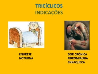 TRICÍCLICOS
          INDICAÇÕES




ENURESE                 DOR CRÔNICA
NOTURNA                 FIBROMIALGIA
                        ENXAQUECA
 