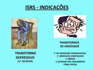 ISRS - INDICAÇÕES




                       TRANSTORNOS
                       DE ANSIEDADE

TRANSTORNO        -T. DE ANSIEDADE GENERALIZADA
                     - T. OBSESSIVO-COMPULSIVO
DEPRESSIVO                     - T. PÂNICO
 (1ª. ESCOLHA)     - T. ESTRESSE PÓS-TRAUMÁTICO
                            - FOBIA SOCIAL
 