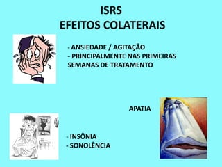 ISRS
EFEITOS COLATERAIS
 - ANSIEDADE / AGITAÇÃO
 - PRINCIPALMENTE NAS PRIMEIRAS
 SEMANAS DE TRATAMENTO




                  APATIA


 - INSÔNIA
 - SONOLÊNCIA
 
