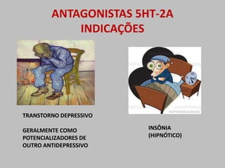 ANTAGONISTAS 5HT-2A
            INDICAÇÕES




TRANSTORNO DEPRESSIVO

GERALMENTE COMO         INSÔNIA
POTENCIALIZADORES DE    (HIPNÓTICO)
OUTRO ANTIDEPRESSIVO
 
