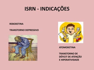 ISRN - INDICAÇÕES

REBOXETINA

TRANSTORNO DEPRESSIVO




                          ATOMOXETINA

                          TRANSTORNO DE
                          DÉFICIT DE ATENÇÃO
                          E HIPERATIVIDADE
 