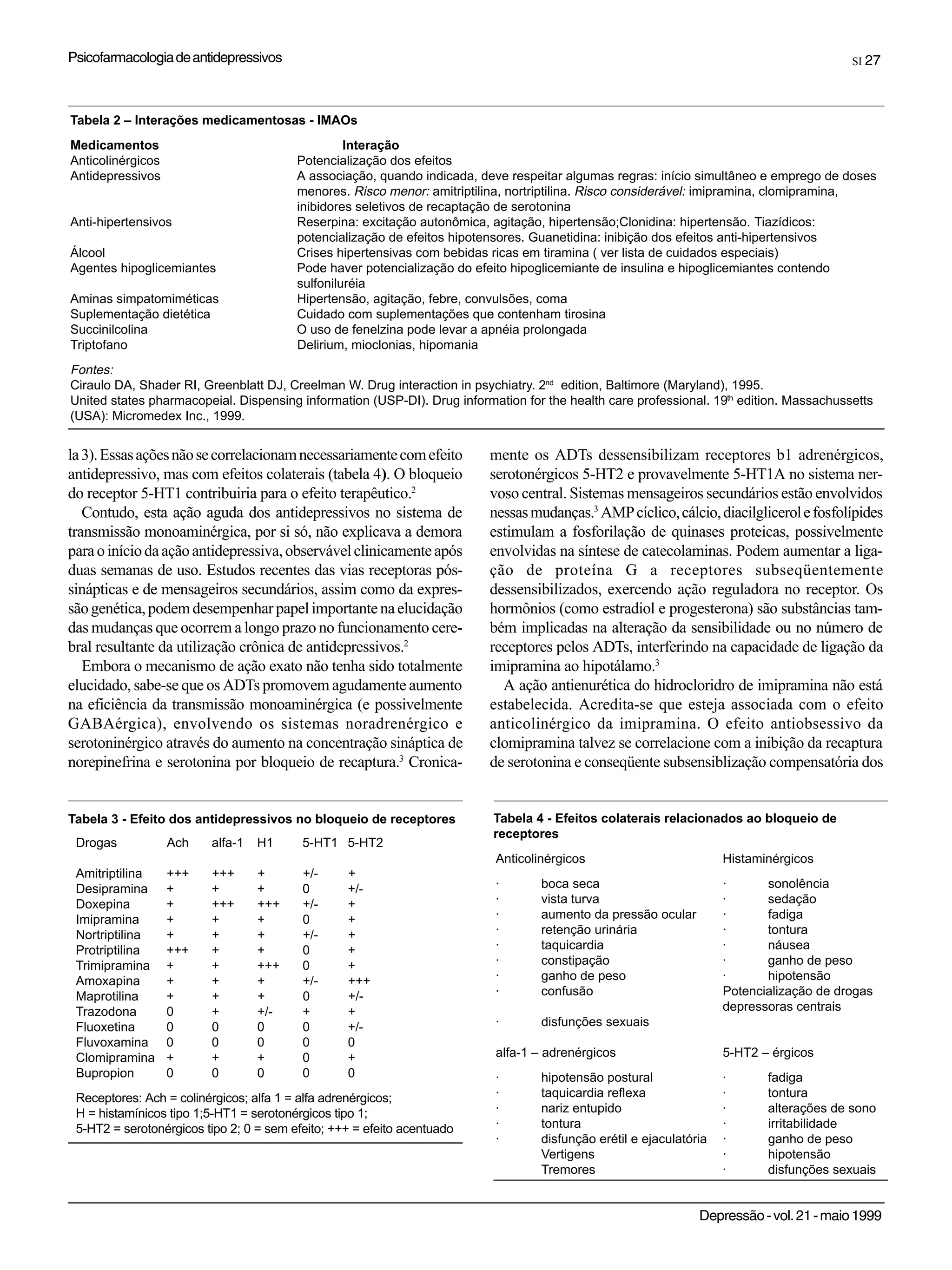 Psicofarmacologia de antidepressivos                                                                                                     SI 27




Tabela 2 – Interações medicamentosas - IMAOs
Medicamentos                                      Interação
Anticolinérgicos                         Potencialização dos efeitos
Antidepressivos                          A associação, quando indicada, deve respeitar algumas regras: início simultâneo e emprego de doses
                                         menores. Risco menor: amitriptilina, nortriptilina. Risco considerável: imipramina, clomipramina,
                                         inibidores seletivos de recaptação de serotonina
Anti-hipertensivos                       Reserpina: excitação autonômica, agitação, hipertensão;Clonidina: hipertensão. Tiazídicos:
                                         potencialização de efeitos hipotensores. Guanetidina: inibição dos efeitos anti-hipertensivos
Álcool                                   Crises hipertensivas com bebidas ricas em tiramina ( ver lista de cuidados especiais)
Agentes hipoglicemiantes                 Pode haver potencialização do efeito hipoglicemiante de insulina e hipoglicemiantes contendo
                                         sulfoniluréia
Aminas simpatomiméticas                  Hipertensão, agitação, febre, convulsões, coma
Suplementação dietética                  Cuidado com suplementações que contenham tirosina
Succinilcolina                           O uso de fenelzina pode levar a apnéia prolongada
Triptofano                               Delirium, mioclonias, hipomania
Fontes:
Ciraulo DA, Shader RI, Greenblatt DJ, Creelman W. Drug interaction in psychiatry. 2nd edition, Baltimore (Maryland), 1995.
United states pharmacopeial. Dispensing information (USP-DI). Drug information for the health care professional. 19th edition. Massachussetts
(USA): Micromedex Inc., 1999.


la 3). Essas ações não se correlacionam necessariamente com efeito       mente os ADTs dessensibilizam receptores b1 adrenérgicos,
antidepressivo, mas com efeitos colaterais (tabela 4). O bloqueio        serotonérgicos 5-HT2 e provavelmente 5-HT1A no sistema ner-
do receptor 5-HT1 contribuiria para o efeito terapêutico.2               voso central. Sistemas mensageiros secundários estão envolvidos
   Contudo, esta ação aguda dos antidepressivos no sistema de            nessas mudanças.3 AMP cíclico, cálcio, diacilglicerol e fosfolípides
transmissão monoaminérgica, por si só, não explicava a demora            estimulam a fosforilação de quinases proteicas, possivelmente
para o início da ação antidepressiva, observável clinicamente após       envolvidas na síntese de catecolaminas. Podem aumentar a liga-
duas semanas de uso. Estudos recentes das vias receptoras pós-           ção de proteína G a receptores subseqüentemente
sinápticas e de mensageiros secundários, assim como da expres-           dessensibilizados, exercendo ação reguladora no receptor. Os
são genética, podem desempenhar papel importante na elucidação           hormônios (como estradiol e progesterona) são substâncias tam-
das mudanças que ocorrem a longo prazo no funcionamento cere-            bém implicadas na alteração da sensibilidade ou no número de
bral resultante da utilização crônica de antidepressivos.2               receptores pelos ADTs, interferindo na capacidade de ligação da
   Embora o mecanismo de ação exato não tenha sido totalmente            imipramina ao hipotálamo.3
elucidado, sabe-se que os ADTs promovem agudamente aumento                 A ação antienurética do hidrocloridro de imipramina não está
na eficiência da transmissão monoaminérgica (e possivelmente             estabelecida. Acredita-se que esteja associada com o efeito
GABAérgica), envolvendo os sistemas noradrenérgico e                     anticolinérgico da imipramina. O efeito antiobsessivo da
serotoninérgico através do aumento na concentração sináptica de          clomipramina talvez se correlacione com a inibição da recaptura
norepinefrina e serotonina por bloqueio de recaptura.3 Cronica-          de serotonina e conseqüente subsensiblização compensatória dos


Tabela 3 - Efeito dos antidepressivos no bloqueio de receptores           Tabela 4 - Efeitos colaterais relacionados ao bloqueio de
                                                                          receptores
 Drogas            Ach   alfa-1   H1      5-HT1 5-HT2
                                                                          Anticolinérgicos                          Histaminérgicos
 Amitriptilina     +++   +++      +       +/-     +
 Desipramina       +     +        +       0       +/-                     ·       boca seca                         ·      sonolência
 Doxepina          +     +++      +++     +/-     +                       ·       vista turva                       ·      sedação
 Imipramina        +     +        +       0       +                       ·       aumento da pressão ocular         ·      fadiga
 Nortriptilina     +     +        +       +/-     +                       ·       retenção urinária                 ·      tontura
 Protriptilina     +++   +        +       0       +                       ·       taquicardia                       ·      náusea
 Trimipramina      +     +        +++     0       +                       ·       constipação                       ·      ganho de peso
 Amoxapina         +     +        +       +/-     +++                     ·       ganho de peso                     ·      hipotensão
 Maprotilina       +     +        +       0       +/-                     ·       confusão                          Potencialização de drogas
 Trazodona         0     +        +/-     +       +                                                                 depressoras centrais
 Fluoxetina        0     0        0       0       +/-                     ·       disfunções sexuais
 Fluvoxamina       0     0        0       0       0
 Clomipramina      +     +        +       0       +                       alfa-1 – adrenérgicos                     5-HT2 – érgicos
 Bupropion         0     0        0       0       0                       ·       hipotensão postural               ·      fadiga
 Receptores: Ach = colinérgicos; alfa 1 = alfa adrenérgicos;              ·       taquicardia reflexa               ·      tontura
 H = histamínicos tipo 1;5-HT1 = serotonérgicos tipo 1;                   ·       nariz entupido                    ·      alterações de sono
 5-HT2 = serotonérgicos tipo 2; 0 = sem efeito; +++ = efeito acentuado    ·       tontura                           ·      irritabilidade
                                                                          ·       disfunção erétil e ejaculatória   ·      ganho de peso
                                                                                  Vertigens                         ·      hipotensão
                                                                                  Tremores                          ·      disfunções sexuais


                                                                                                               Depressão - vol. 21 - maio 1999
 