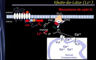 IP3
PIP2
DAG
Retículo
Endoplasmático
Ca+2
N
exterior
interior α
GDP
β γ
C
PLCβ
+α
q
GTP
Ca+2
IP3R
Ca+2
IP3R
Ca+2
Ca+2
Gq
Efeito do Lítio (Li2+
)
IP
inositol
Li2+
Mecanismo de ação II:
 