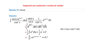 Integración por sustitución o cambio de variable
Ejemplo 18: Calcule
Solución
¿∫𝑒𝑡𝑎𝑛
2
𝑥
.tan𝑥.𝑠𝑒𝑐2
𝑥𝑑𝑥
∫ 𝑠𝑒𝑛𝑥𝑒
𝑡𝑎𝑛
2
𝑥
𝑐𝑜𝑠
3
𝑥
𝑑𝑥
¿∫
𝑠𝑒𝑛 𝑥
cos 𝑥
.
1
𝑐𝑜𝑠
2
𝑥
.𝑒
𝑡𝑎𝑛
2
𝑥
𝑑𝑥
𝑑𝑢=2tan 𝑥 𝑠𝑒𝑐2
𝑥 𝑑𝑥
¿
1
2
∫𝑒
𝑢
𝑑𝑢=
1
2
𝑒
𝑢
+𝐶
¿
1
2
𝑒
𝑡𝑎𝑛
2
𝑥
+𝐶
 