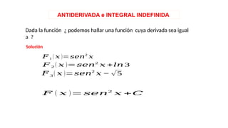 ANTIDERIVADA e INTEGRAL INDEFINIDA
Dada la función ¿ podemos hallar una función cuya derivada sea igual
a ?
𝐹 ( 𝑥 )= 𝑠𝑒𝑛2
𝑥 +𝐶
𝐹 3 ( 𝑥 )=𝑠𝑒𝑛2
𝑥 − √5
𝐹 2 ( 𝑥 )= 𝑠𝑒𝑛2
𝑥 +𝑙𝑛 3
𝐹 1 ( 𝑥 )=𝑠𝑒𝑛2
𝑥
Solución
 