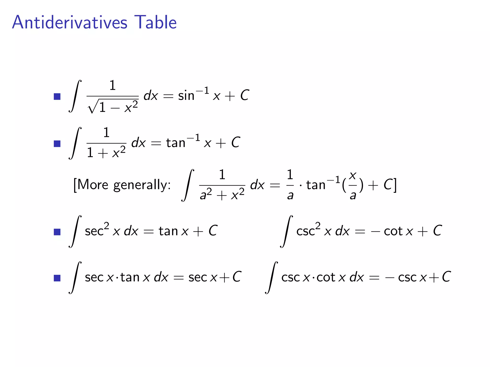 Antiderivatives Table


               1
         √          dx = sin−1 x + C
             1 − x2
           1
                dx = tan−1 x + C
         1 + x2
                             1         1         x
       [More generally:            dx = · tan−1 ( ) + C ]
                          a2 + x 2     a         a

         sec2 x dx = tan x + C           csc2 x dx = − cot x + C


         sec x ·tan x dx = sec x +C    csc x ·cot x dx = − csc x +C
 