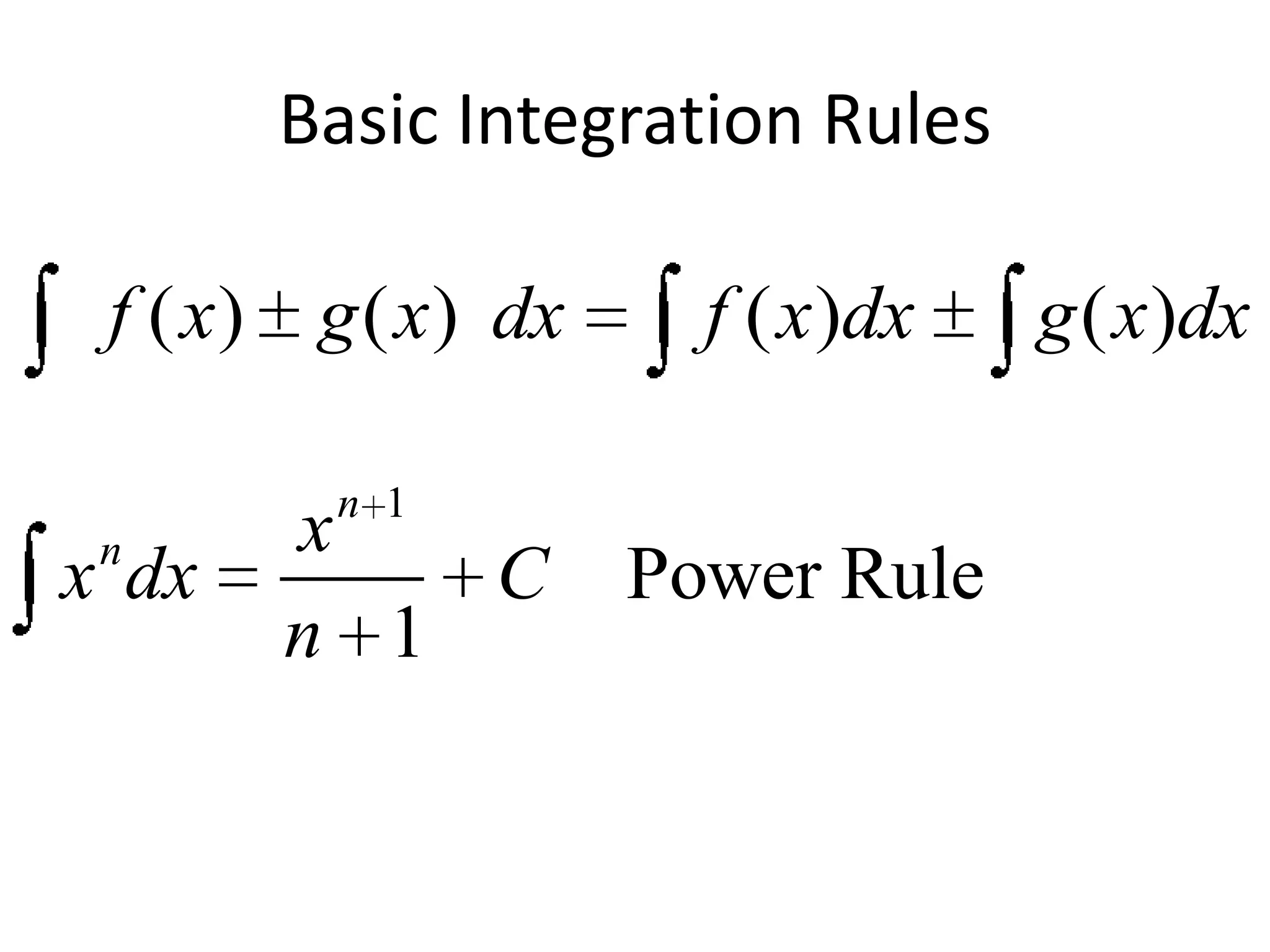 Basic Integration Rules
f ( x ) g ( x ) dx

f ( x )dx

n 1

n

x dx

x
C
n 1

Power Rule

g ( x )dx

 