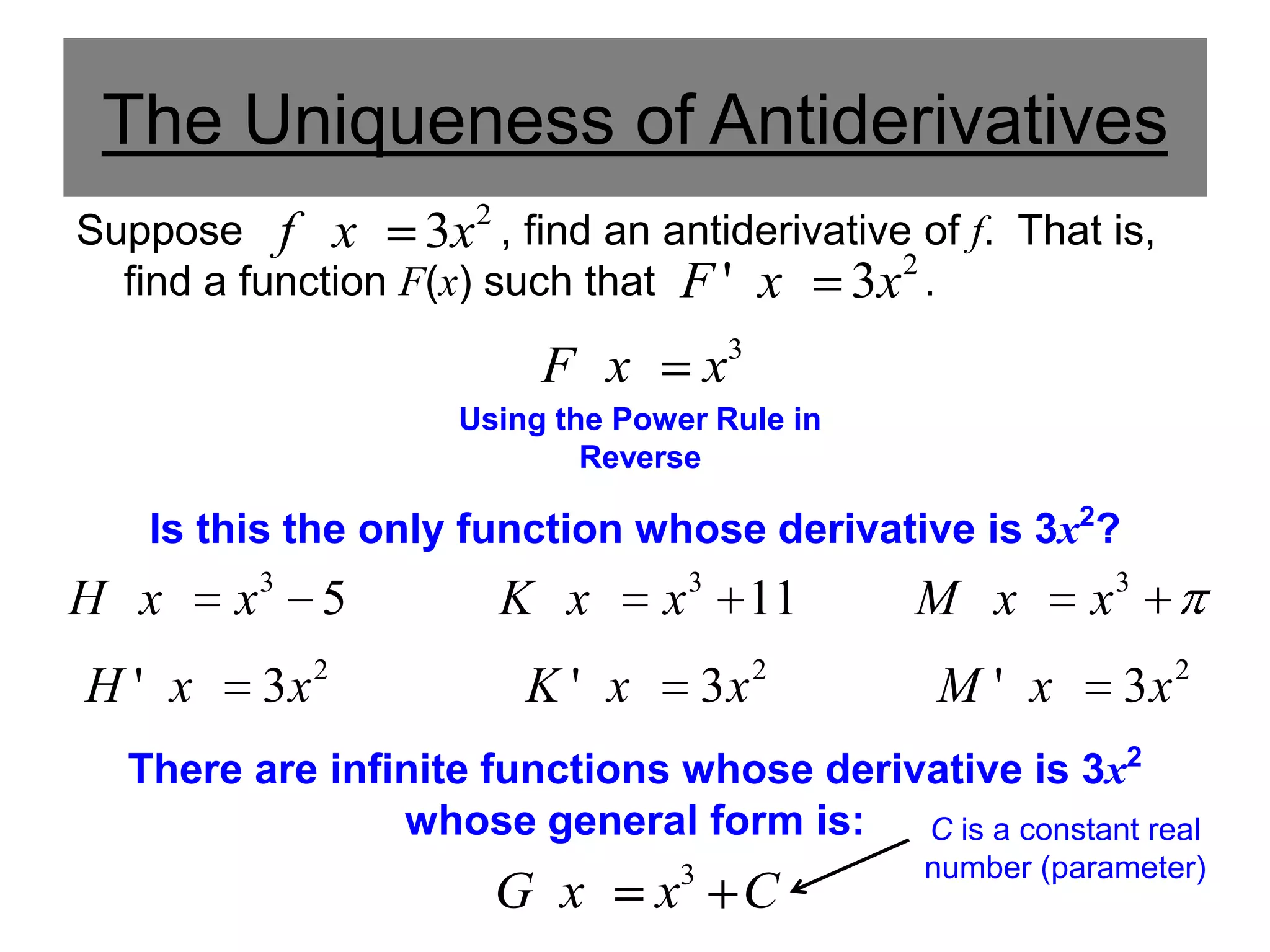 The Uniqueness of Antiderivatives
2
Suppose f x
3x , find an antiderivative of f. That is,
2
find a function F(x) such that F ' x
3x .

F x

x

3

Using the Power Rule in
Reverse

Is this the only function whose derivative is 3x2?

H x
H' x

x

3

5

3x 2

K x

x

3

11

3x 2

K' x

M x
M' x

x

3

3x 2

There are infinite functions whose derivative is 3x2
whose general form is:
C is a constant real

G x

3

x

C

number (parameter)

 
