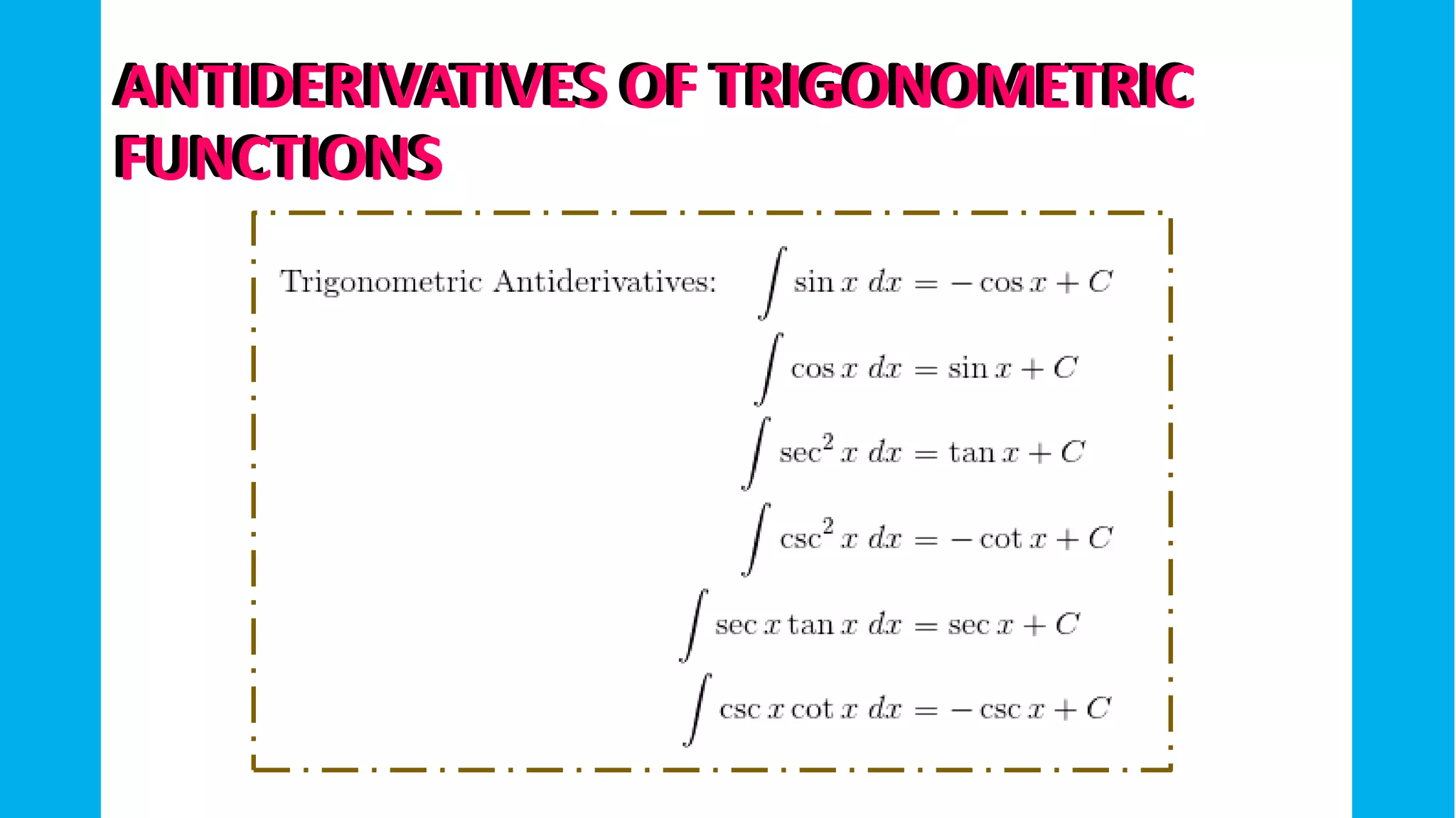ANTIDERIVATIVES OF TRIGONOMETRIC
FUNCTIONS
ANTIDERIVATIVES OF TRIGONOMETRIC
FUNCTIONS
 