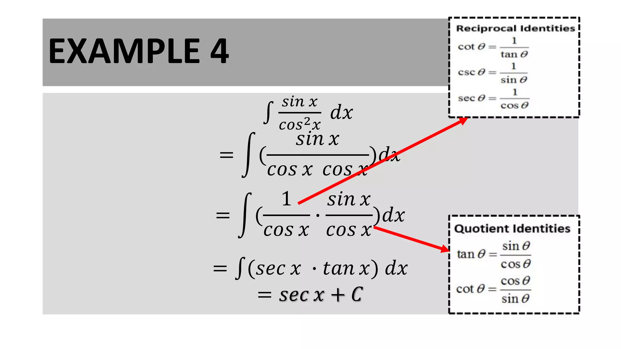 EXAMPLE 4
𝑠𝑖𝑛 𝑥
𝑐𝑜𝑠2𝑥
𝑑𝑥
= (
𝑠𝑖𝑛 𝑥
𝑐𝑜𝑠 𝑥 𝑐𝑜𝑠 𝑥
)𝑑𝑥
= (
1
𝑐𝑜𝑠 𝑥
∙
𝑠𝑖𝑛 𝑥
𝑐𝑜𝑠 𝑥
)𝑑𝑥
= (𝑠𝑒𝑐 𝑥 ∙ 𝑡𝑎𝑛 𝑥) 𝑑𝑥
= 𝑠𝑒𝑐 𝑥 + 𝐶
 
