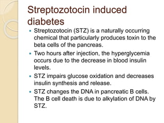 Streptozotocin induced
diabetes
 Streptozotocin (STZ) is a naturally occurring
chemical that particularly produces toxin to the
beta cells of the pancreas.
 Two hours after injection, the hyperglycemia
occurs due to the decrease in blood insulin
levels.
 STZ impairs glucose oxidation and decreases
insulin synthesis and release.
 STZ changes the DNA in pancreatic B cells.
The B cell death is due to alkylation of DNA by
STZ.
 