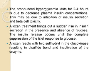  The pronounced hyperglycemia lasts for 2-4 hours
is due to decrease plasma insulin concentrations.
This may be due to inhibition of insulin secretion
and beta cell toxicity.
 Alloxan treatment brings out a sudden rise in insulin
secretion in the presence and absence of glucose.
The insulin release occurs until the complete
suppression of the islet response to glucose.
 Alloxan reacts with two sulfhydryl in the glucokinase
resulting in disulfide bond and inactivation of the
enzyme.
 