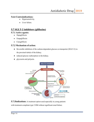 Antidiabetic Drug  2019 
 
5.6.6 Contraindications:
● Hypersensitivity.
● Liver​ failure.
5.7 SGLT-2 inhibitors (gliflozins)
5.7.1 Active agents:
● Dapagliflozin
● Empagliflozin
● Canagliflozin
5.7.2 Mechanism of action:
● Reversible inhibition of the sodium-dependent glucose co-transporter (SGLT-2) in
the proximal tubule of the kidney.
● reduced glucose reabsorption in the kidney.
● glycosuria and polyuria.
5.7.3Indications:​ A treatment option used especially in young patients
with treatment-compliant ​type 2 DM​ without significant renal failure.
Page 14 
 
 