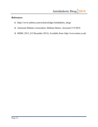 Antidiabetic Drug  2019 
 
References:
1. https://www.amboss.com/us/knowledge/Antidiabetic_drugs
2. American Diabetes Association. Diabetes Basics. Accessed 11/5/2018
3. MIMS. 2013. [12 December 2013]. Available from: ​http://www​.mims.co.uk/
Page 17 
 
 