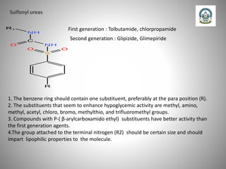 Sulfonyl ureas
First generation : Tolbutamide, chlorpropamide
Second generation : Glipizide, Glimepiride
1. The benzene ring should contain one substituent, preferably at the para position (R).
2. The substituents that seem to enhance hypoglycemic activity are methyl, amino,
methyl, acetyl, chloro, bromo, methylthio, and trifluoromethyl groups.
3. Compounds with P-( β-arylcarboxamido ethyl) substituents have better activity than
the first generation agents.
4.The group attached to the terminal nitrogen (R2) should be certain size and should
impart lipophilic properties to the molecule.
 