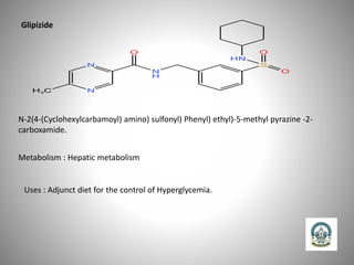 Glipizide
N-2(4-(Cyclohexylcarbamoyl) amino) sulfonyl) Phenyl) ethyl)-5-methyl pyrazine -2-
carboxamide.
Metabolism : Hepatic metabolism
Uses : Adjunct diet for the control of Hyperglycemia.
 