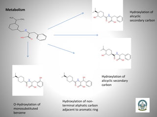 Metabolism
O-Hydroxylation of
monosubstituted
benzene
Hydroxylation of non-
terminal aliphatic carbon
adjacent to aromatic ring
Hydroxylation of
alicyclic secondary
carbon
Hydroxylation of
alicyclic
secondary carbon
 