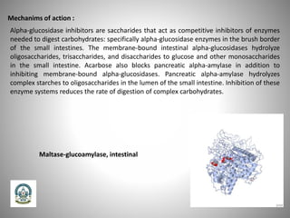 Mechanims of action :
Alpha-glucosidase inhibitors are saccharides that act as competitive inhibitors of enzymes
needed to digest carbohydrates: specifically alpha-glucosidase enzymes in the brush border
of the small intestines. The membrane-bound intestinal alpha-glucosidases hydrolyze
oligosaccharides, trisaccharides, and disaccharides to glucose and other monosaccharides
in the small intestine. Acarbose also blocks pancreatic alpha-amylase in addition to
inhibiting membrane-bound alpha-glucosidases. Pancreatic alpha-amylase hydrolyzes
complex starches to oligosaccharides in the lumen of the small intestine. Inhibition of these
enzyme systems reduces the rate of digestion of complex carbohydrates.
Maltase-glucoamylase, intestinal
 