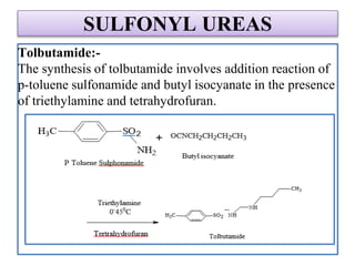 SULFONYL UREAS
Tolbutamide:-
The synthesis of tolbutamide involves addition reaction of
p-toluene sulfonamide and butyl isocyanate in the presence
of triethylamine and tetrahydrofuran.
 