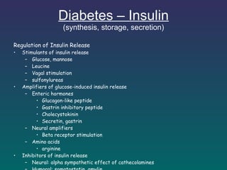 Diabetes – Insulin (synthesis, storage, secretion) Regulation of Insulin Release Stimulants of insulin release Glucose, mannose Leucine Vagal stimulation sulfonylureas Amplifiers of glucose-induced insulin release Enteric hormones Glucagon-like peptide Gastrin inhibitory peptide Cholecystokinin Secretin, gastrin Neural amplifiers Beta receptor stimulation Amino acids arginine Inhibitors of insulin release Neural: alpha sympathetic effect of cathecolamines Humoral: somatostatin, amylin Drugs: diazoxide, phenytoin, vinblastine, colchicine 