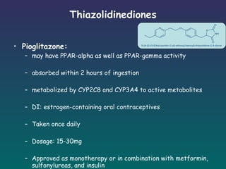 Thiazolidinediones Pioglitazone: may have PPAR-alpha as well as PPAR-gamma activity absorbed within 2 hours of ingestion metabolized by CYP2C8 and CYP3A4 to active metabolites DI: estrogen-containing oral contraceptives Taken once daily Dosage: 15-30mg Approved as monotherapy or in combination with metformin, sulfonylureas, and insulin 