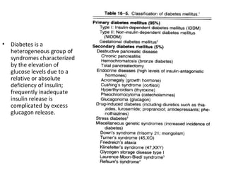• Diabetes is a
heterogeneous group of
syndromes characterized
by the elevation of
glucose levels due to a
relative or absolute
deficiency of insulin;
frequently inadequate
insulin release is
complicated by excess
glucagon release.
 