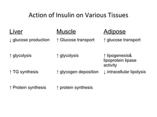 Action of Insulin on Various Tissues
Liver Muscle Adipose
↓ glucose production ↑ Glucose transport ↑ glucose transport
↑ glycolysis ↑ glycolysis ↑ lipogenesis&
lipoprotein lipase
activity
↑ TG synthesis ↑ glycogen deposition ↓ intracellular lipolysis
↑ Protein synthesis ↑ protein synthesis
 