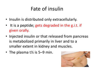 Regular (soluble) insulin
• It is a buffered neutral pH solution of unmodified
insulin stabilized by a small amount of zin...