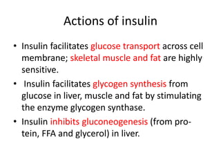 Actions of insulin
• Insulin facilitates glucose transport across cell
membrane; skeletal muscle and fat are highly
sensitive.
• Insulin facilitates glycogen synthesis from
glucose in liver, muscle and fat by stimulating
the enzyme glycogen synthase.
• Insulin inhibits gluconeogenesis (from pro-
tein, FFA and glycerol) in liver.
 