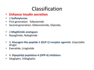 Classification
• Enhance Insulin secretion
• 1.Sulfonylureas
• First generation: Tolbutamide
• Second generation: Glibenclamide, Glipizide,
• 2.Meglitinide analogues
• Repaglinide, Nateglinide
• 3. Glucagon-like peptide-1 (GLP-1) receptor agonists (Injectable
drugs)
• Exenatide, Liraglutide
• 4. Dipeptidyl peptidase-4 (DPP-4) inhibitors
• Sitagliptin, Vildagliptin.
 