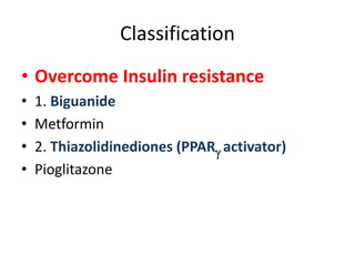 Classification
• Overcome Insulin resistance
• 1. Biguanide
• Metformin
• 2. Thiazolidinediones (PPAR activator)
• Pioglitazone
 
