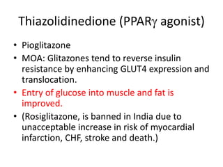 Thiazolidinedione (PPAR agonist)
• Pioglitazone
• MOA: Glitazones tend to reverse insulin
resistance by enhancing GLUT4 expression and
translocation.
• Entry of glucose into muscle and fat is
improved.
• (Rosiglitazone, is banned in India due to
unacceptable increase in risk of myocardial
infarction, CHF, stroke and death.)
 