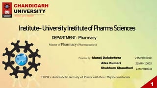 Institute-UniversityInstituteofPharmaSciences
1
CHANDIGARH
UNIVERSITY
Discover. Learn. Empower
DEPARTMENT- Pharmacy
Master of Pharmacy (Pharmaceutics)
Presented by : Manoj Dalabehera
Alka Kumari
Shubham Chaudhari
22MPH10010
TOPIC- Antidiabetic Activity of Plants with there Phytoconstituents
1
22MPH10041
22MPH10002
 