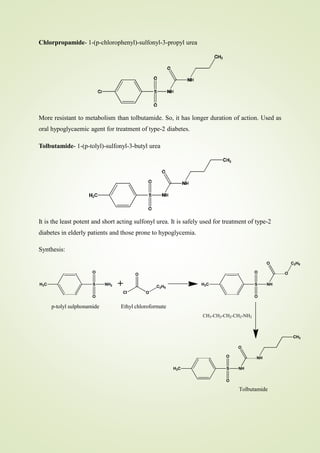 Chlorpropamide- 1-(p-chlorophenyl)-sulfonyl-3-propyl urea
More resistant to metabolism than tolbutamide. So, it has longer duration of action. Used as
oral hypoglycaemic agent for treatment of type-2 diabetes.
Tolbutamide- 1-(p-tolyl)-sulfonyl-3-butyl urea
It is the least potent and short acting sulfonyl urea. It is safely used for treatment of type-2
diabetes in elderly patients and those prone to hypoglycemia.
Synthesis:
S
O
NH
NH
O
H3C
CH3
S NH2
H3C +
Cl
O
O
C2H5
S NH
H3C
O C2H5
O O
O
O
O
CH3-CH2-CH2-CH2-NH2
O
Tolbutamide
p-tolyl sulphonamide Ethyl chloroformate
 