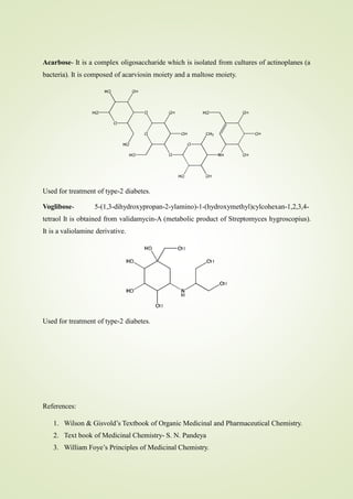 Acarbose- It is a complex oligosaccharide which is isolated from cultures of actinoplanes (a
bacteria). It is composed of acarviosin moiety and a maltose moiety.
Used for treatment of type-2 diabetes.
Voglibose- 5-(1,3-dihydroxypropan-2-ylamino)-1-(hydroxymethyl)cylcohexan-1,2,3,4-
tetraol It is obtained from validamycin-A (metabolic product of Streptomyces hygroscopius).
It is a valiolamine derivative.
Used for treatment of type-2 diabetes.
References:
1. Wilson & Gisvold’s Textbook of Organic Medicinal and Pharmaceutical Chemistry.
2. Text book of Medicinal Chemistry- S. N. Pandeya
3. William Foye’s Principles of Medicinal Chemistry.
 