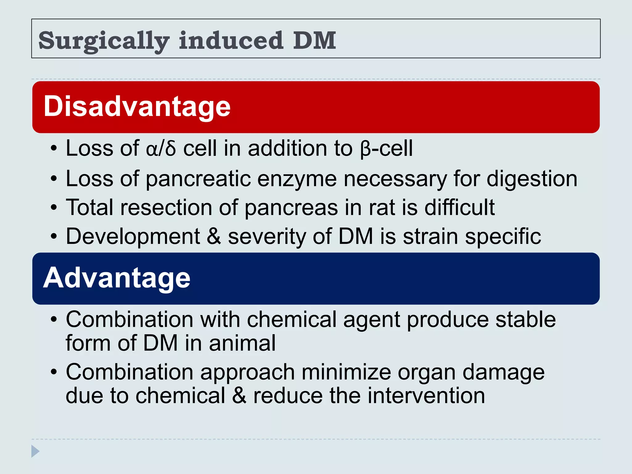 Surgically induced DM
Disadvantage
• Loss of α/δ cell in addition to β-cell
• Loss of pancreatic enzyme necessary for digestion
• Total resection of pancreas in rat is difficult
• Development & severity of DM is strain specific
Advantage
• Combination with chemical agent produce stable
form of DM in animal
• Combination approach minimize organ damage
due to chemical & reduce the intervention
 