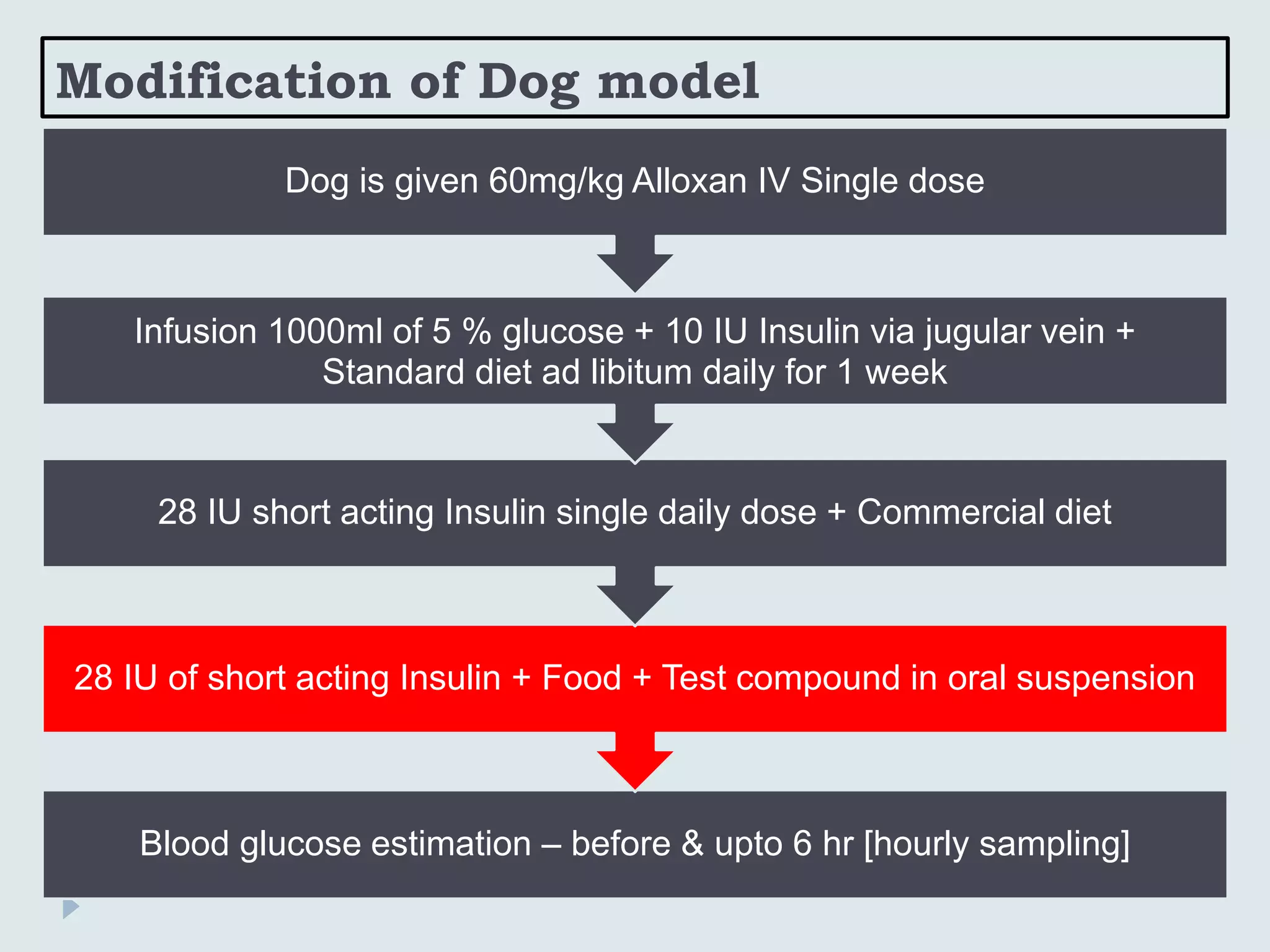 Modification of Dog model
Blood glucose estimation – before & upto 6 hr [hourly sampling]
28 IU of short acting Insulin + Food + Test compound in oral suspension
28 IU short acting Insulin single daily dose + Commercial diet
Infusion 1000ml of 5 % glucose + 10 IU Insulin via jugular vein +
Standard diet ad libitum daily for 1 week
Dog is given 60mg/kg Alloxan IV Single dose
 