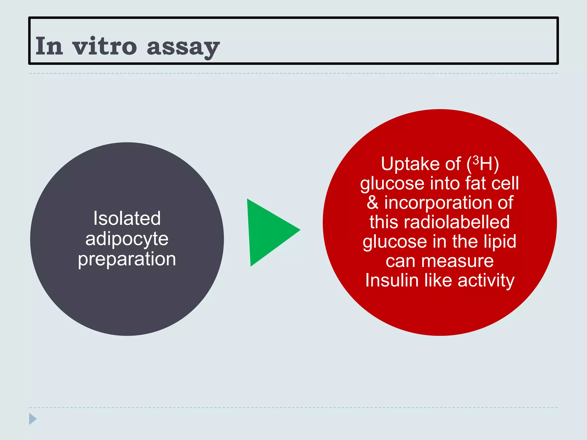 In vitro assay
Isolated
adipocyte
preparation
Uptake of (3H)
glucose into fat cell
& incorporation of
this radiolabelled
glucose in the lipid
can measure
Insulin like activity
 