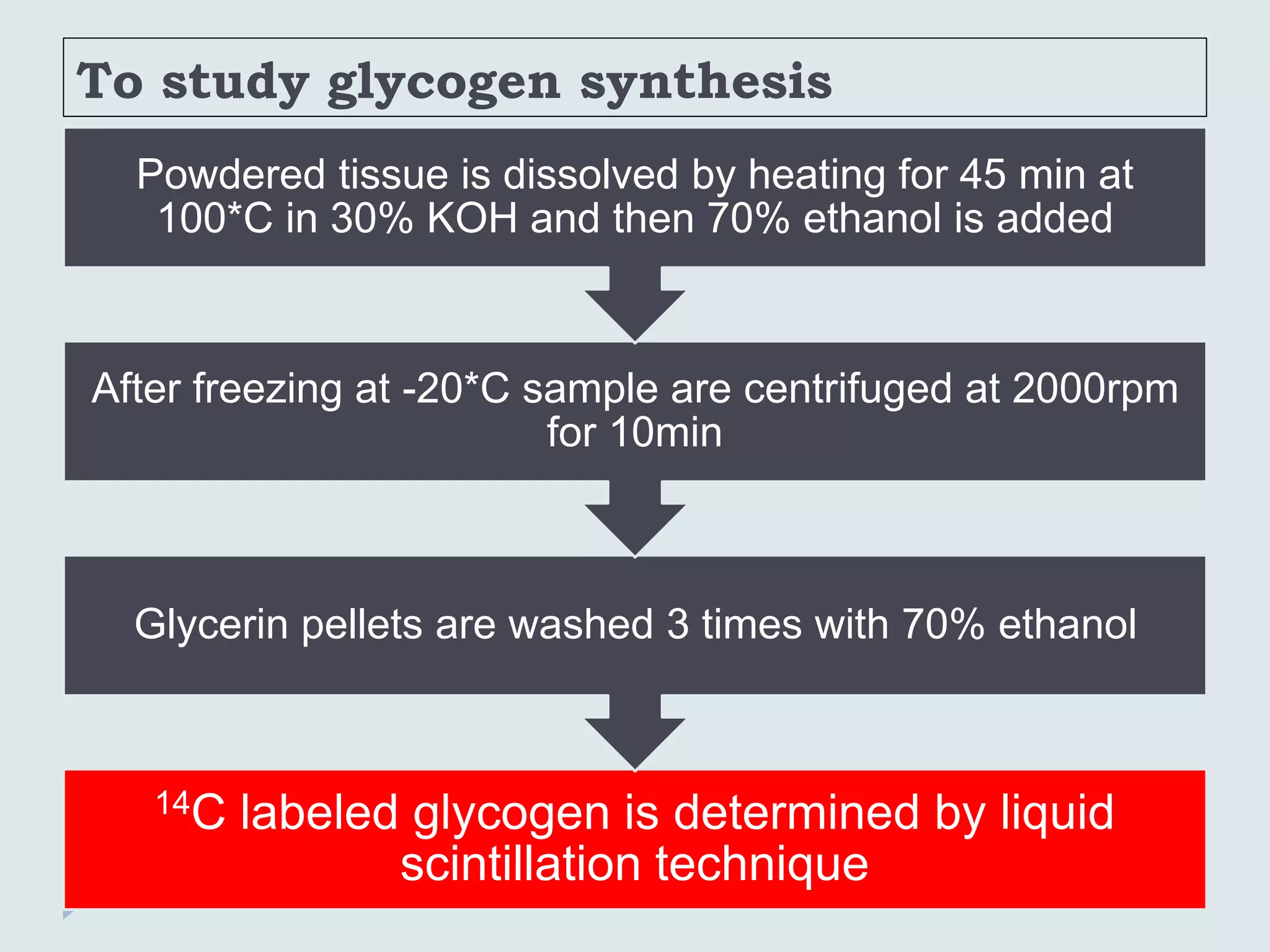 To study glycogen synthesis
14C labeled glycogen is determined by liquid
scintillation technique
Glycerin pellets are washed 3 times with 70% ethanol
After freezing at -20*C sample are centrifuged at 2000rpm
for 10min
Powdered tissue is dissolved by heating for 45 min at
100*C in 30% KOH and then 70% ethanol is added
 