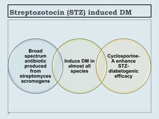 Streptozotocin (STZ) induced DM
Broad
spectrum
antibiotic
produced
from
streptomyces
acromogens
Induce DM in
almost all
species
Cyclosporine-
A enhance
STZ-
diabetogenic
efficacy
 