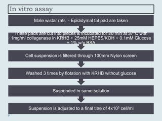 In vitro assay
Suspension is adjusted to a final titre of 4x105 cell/ml
Suspended in same solution
Washed 3 times by flotation with KRHB without glucose
Cell suspension is filtered through 100mm Nylon screen
These pads are cut into pieces & incubated for 20 min at 37*C with
1mg/ml collagenase in KRHB + 25mM HEPES/KOH + 0.1mM Glucose
+ 1% w/v BSA
Male wistar rats - Epididymal fat pad are taken
 