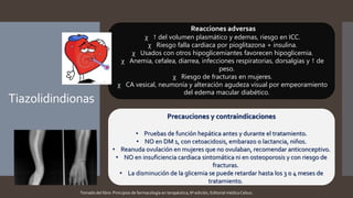 Tiazolidindionas
Reacciones adversas
χ ↑ del volumen plasmático y edemas, riesgo en ICC.
χ Riesgo falla cardiaca por pioglitazona + insulina.
χ Usados con otros hipoglicemiantes favorecen hipoglicemia.
χ Anemia, cefalea, diarrea, infecciones respiratorias, dorsalgias y ↑ de
peso.
χ Riesgo de fracturas en mujeres.
χ CA vesical, neumonía y alteración agudeza visual por empeoramiento
del edema macular diabético.
Precauciones y contraindicaciones
• Pruebas de función hepática antes y durante el tratamiento.
• NO en DM 1, con cetoacidosis, embarazo o lactancia, niños.
• Reanuda ovulación en mujeres que no ovulaban, recomendar anticonceptivo.
• NO en insuficiencia cardiaca sintomática ni en osteoporosis y con riesgo de
fracturas.
• La disminución de la glicemia se puede retardar hasta los 3 o 4 meses de
tratamiento.
Tomado del libro: Principios de farmacología en terapéutica, 6ª edición, Editorial médica Celsus.
 