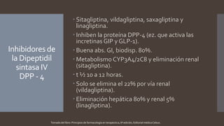 Inhibidores de
la Dipeptidil
sintasa IV
DPP - 4
 Sitagliptina, vildagliptina, saxagliptina y
linagliptina.
 Inhiben la proteína DPP-4 (ez. que activa las
incretinas GIP y GLP-1).
 Buena abs. GI, biodisp. 80%.
 Metabolismo CYP3A4/2C8 y eliminación renal
(sitagliptina).
 t ½ 10 a 12 horas.
 Solo se elimina el 22% por vía renal
(vildagliptina).
 Eliminación hepática 80% y renal 5%
(linagliptina).
Tomado del libro: Principios de farmacología en terapéutica, 6ª edición, Editorial médica Celsus.
 