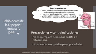 Inhibidores de
la Dipeptidil
sintasa IV
DPP - 4 Precauciones y contraindicaciones
 No en reemplazo de insulina en DM 1 o
cetoacidosis.
 No en embarazo, pueden pasar por la leche.
Reacciones adversas
• Cefalea, mareos, nasofaringitis y otras infecciones
del tracto respiratorio superior y urinarias.
• Nauseas, dolor abdominal, vómito y diarrea.
• Pancreatitis y reacciones de hipersensibilidad.
Tomado del libro: Principios de farmacología en terapéutica, 6ª edición, Editorial médica Celsus.
 